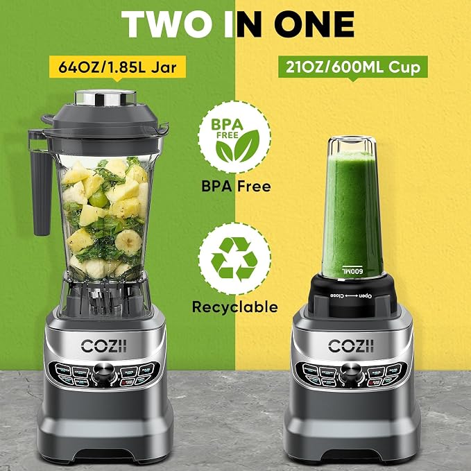 COZII Professional Blender 2000W, 64oz Countertop Smoothie Blender-21oz Cup | 7 Presets Blenders for Kitchen,Smoothies/Ice Crush/Frozen Drinks/Dips/Nut Butter|8 Speeds, Dishwasher Safe -Sky Grey