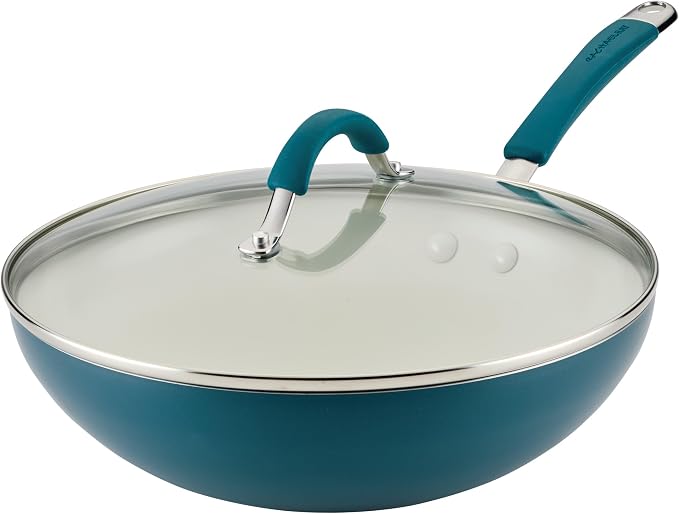 Rachael Ray Cucina Ceramic Nonstick Stir Fry Pan and Lid, 11 Inch Non Stick Wok Pan, Dishwasher Safe - Marine Blue