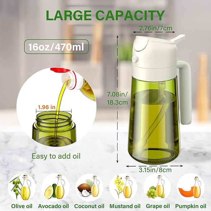 Vakoo Oil Sprayer for Cooking, 2 in 1 Oil Dispenser for Kitchen, 16oz/470ml Light-Blocking Dark Glass Olive Oil Spray Bottle, Air Fryer, Salad & BBQ (White&Green)