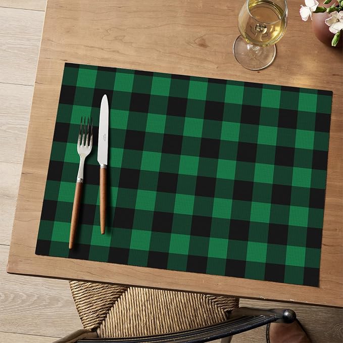 Artoid Mode Buffalo Plaid Vinyl Placemats Set of 4, 12x18 Inch Washable Non-Slip Heat Resistant Plastic Place Mats for Party Dining Table, Black/Green