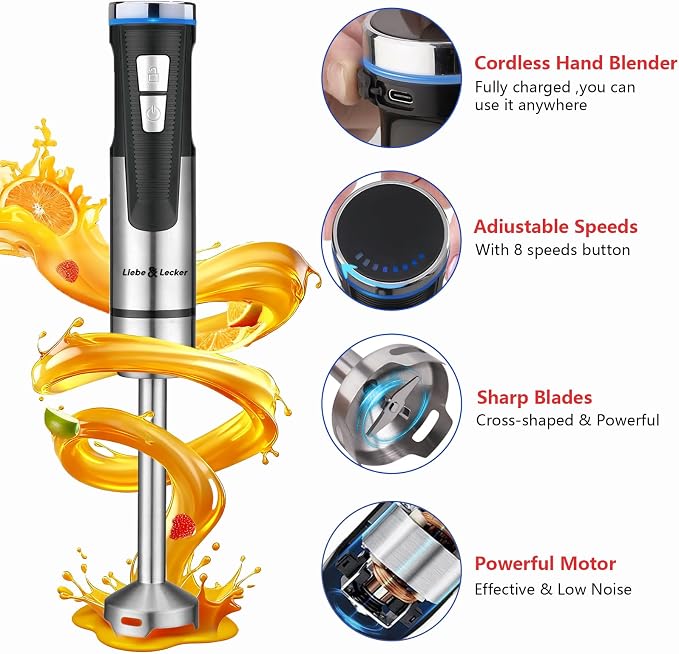 Liebe&Lecker Cordless Immersion Blender, 3-in-1 Handheld Stick Blender | Rechargeable Electric Mixer Set with Whisk & Milk Frother, 8-Speed Hand Blender for Shakes, Soups, Coffee, Zero BPA (Black)