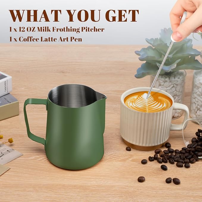 Amrules Milk Frothing Pitcher, 12 oz Milk Frother Cup with Clear Scale, 304 Stainless Steel Cappuccino Espresso Machine Accessories for Barista Coffee Bar with Latte Art Pen, Green