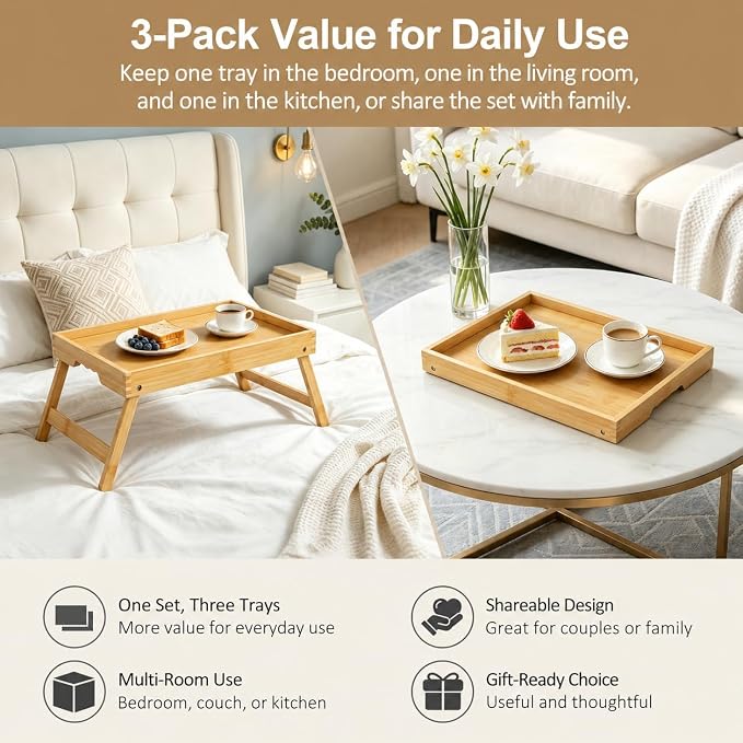 Bamboo Breakfast Trays with Folding Legs, 3 Pack, Large, Natural | 3 large natural bamboo breakfast trays with folding legs, raised edges and side grips for meals, laptops, snacks and serving.