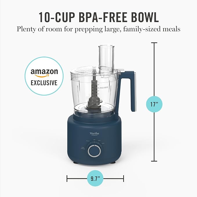 Martha Stewart 10 Cup Food Processor & Electric Chopper, One Touch Pulse | BPA-Free Bowl, 3 Multipurpose Blades, Easy Food Prep, Chop, Slice, Shred, Puree, Emulsify, Speed Dial, Wide Feed Chute, Navy