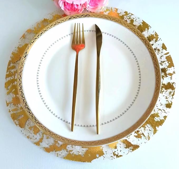 Disposable Gold Placemats Set of 24 Metallic Thin Round 13 Inch Gold Doilies Mesh Pressed Fall Table Placemates 24 Pack Gold Charger Plates for Wedding, Birthday Party