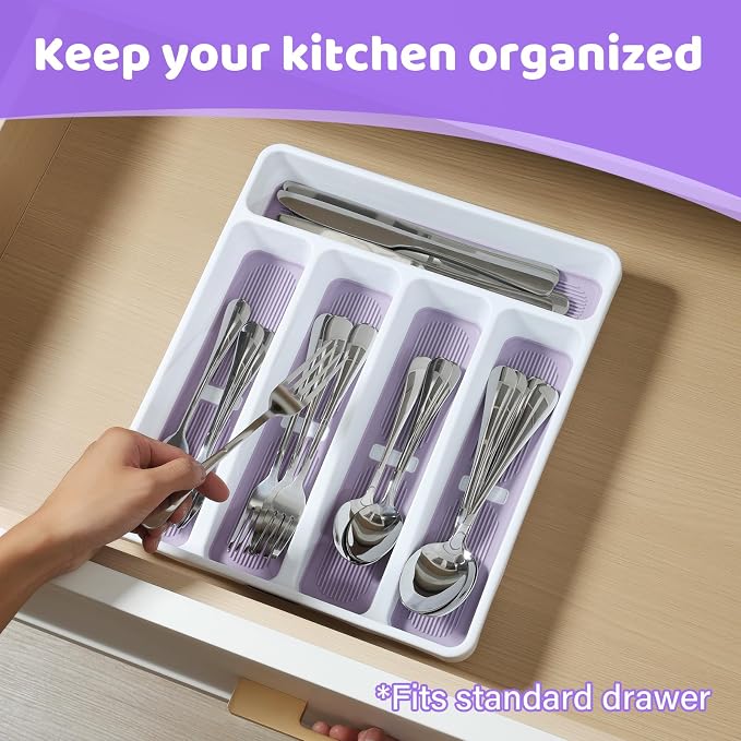 5-Compartment Silverware Organizer Tray with Icons for Kitchen Drawer | Non-slip TPR Linings，5-Compartment，High-quality Plastic，Fits Well In Standard Drawers，With Cutlery Icons