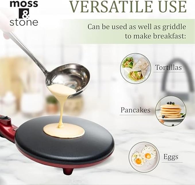 Moss & Stone Red Electric Crepe Maker, 8" Portable Nonstick Crepe Pan | Nonstick dipping plate, auto shut-off, on/off switch, even heating, dual temperature control, compact design