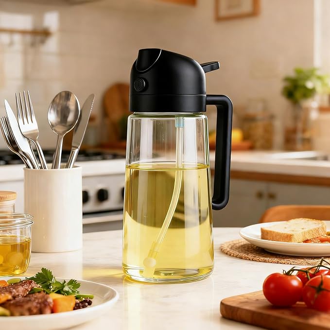 16oz/470ml Glass Olive Oil Sprayer & 2-in-1 Dispenser Bottle with Pour Spout for Cooking, Air Fryers, Salads, BBQs, and Kitchen Use(Black)
