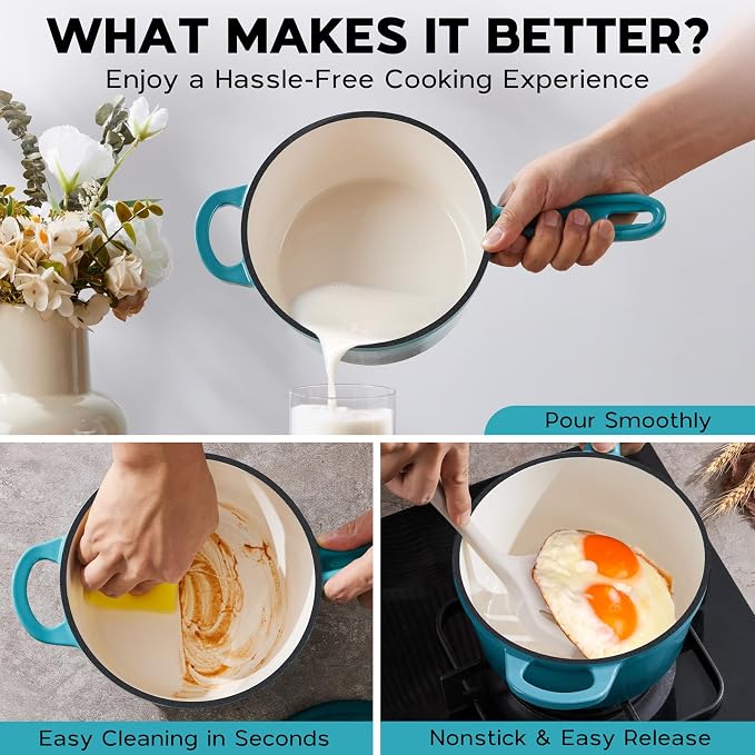 Onader Enameled Cast Iron Sauce Pan, 1QT & 2QT & 3QT Saucepan with Lid, Small Cast Iron Pot for Cooking, Enamel Dutch Oven, Nonstick & Heavy Duty – Dark Cyan