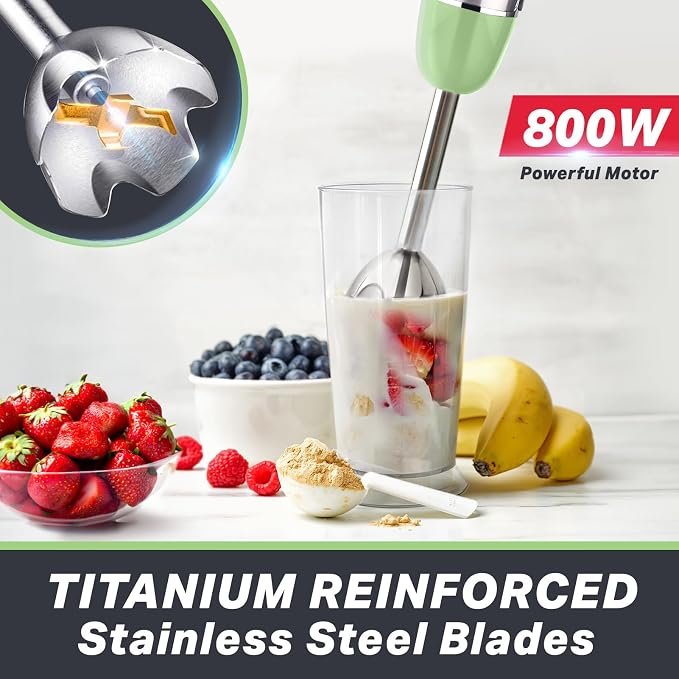 Mueller Multistick 5-in-1 Immersion Blender Handheld, 12-Speed Hand Mixer | Turbo Boost, Heaviest Duty Copper Motor, Titanium Blades Hand Blender, Milk Frother Wand, Whisk, Beaker, Chopper, Green