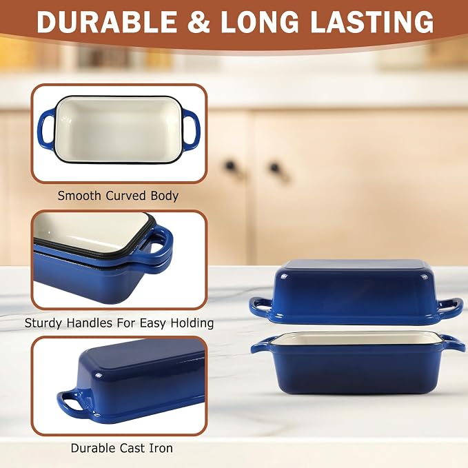 9 x 5 Inch Bread Pan Enameled Cast Iron Loaf Pan with Lid for Baking Blue | 2 in 1 Non-stick Sourdough Bread Loaf Pan for Homemade Bread, Oven & Stovetop Safe for Gas, Electric & Induction