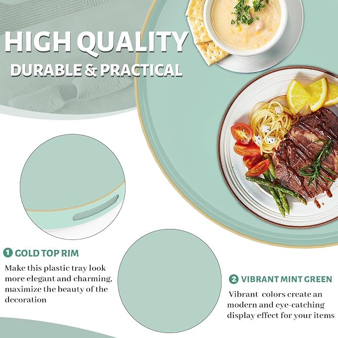 13" Mint Green Decorative Tray, Round Serving Tray with Handles | Plastic Decorative Tray for Coffee Table, Modern Ottoman Tray, Circle Tea Tray, Round Melamine Tray for Living Room, Bathroom