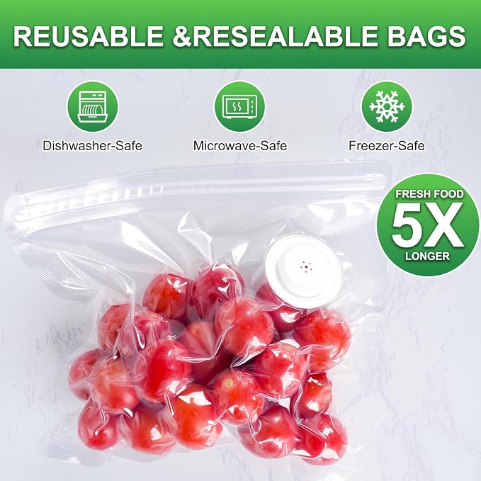 Higfra Sous Vide Bags 30 Pcs & 2 Seal Clips, Upgraded Valve Reusable BPA Free Vacuum Sealer Bags Vacuum Food Storage Bags for Cooking, Food Storage, Microwave Heating