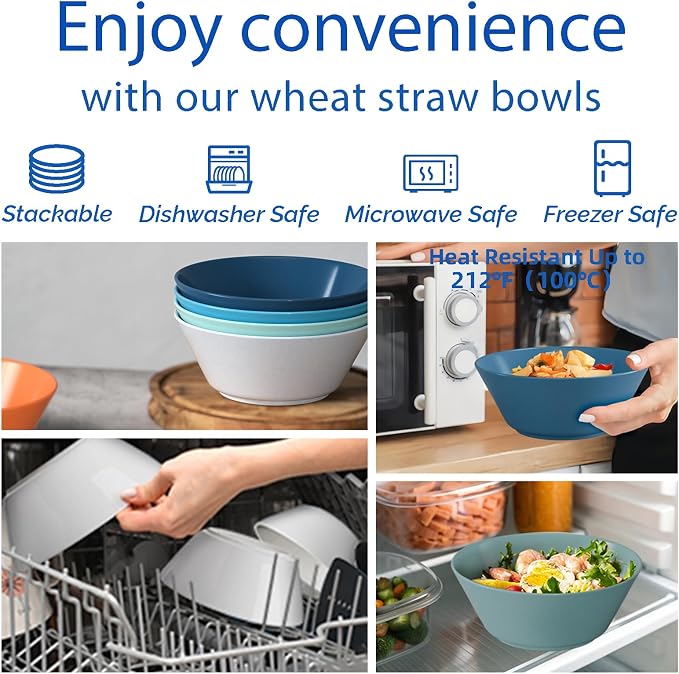 50 Oz Large Cereal Bowls, Unbreakable Wheat Straw Fiber Salad Bowl Sturdy and Stackable Salad Serving Bowls Set, BPA-Free Microwave/Dishwasher Safe, Lightweight for Oatmeal, Snacks , Oatmeal, Snacks