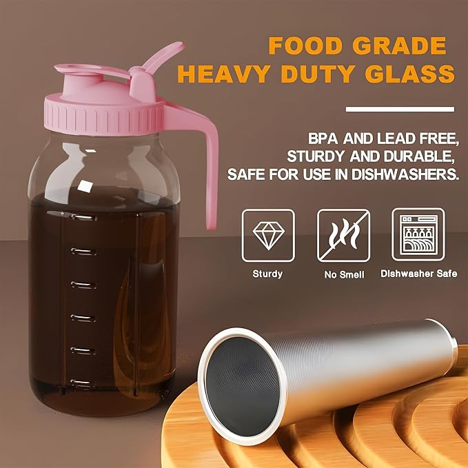 Cold Brew Coffee Maker, 32 oz Glass Mason Jar Pitcher | 100μm stainless steel filter, wide mouth design, leak-proof lid with handle, pour spout for iced coffee, tea and cold drinks