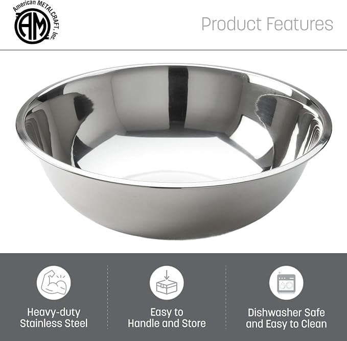 American Metalcraft SSB800 Stainless Steel Mixing Bowl - Durable, Commercial-Grade, Metal Bowl For Mixing - Wide-Rim, Stackable, Dishwasher Safe, 8qt, Silver