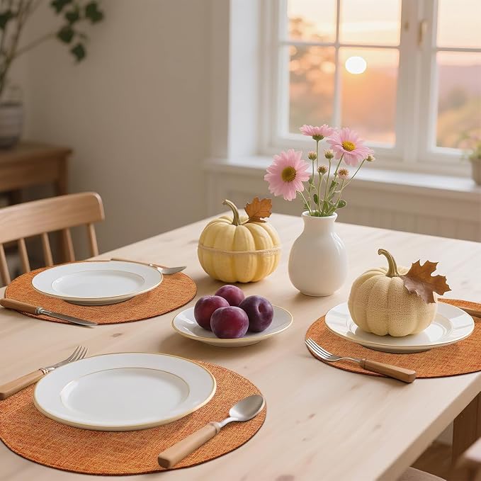 Cotton Linen 15 Inch Round Cloth Place mats, Set of 4, Orange | Washable Table Mats, Heat Resistant, Reversible, Wipeable Place Mats for Indoor Outdoor