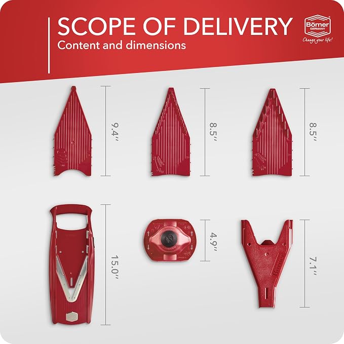 Mandoline Food Slicer Börner V5 (Starter Set) by Reston Lloyd • V-Slicer with Food Holder • Made in Germany • Fruit & Vegetable Chopper • Multiple Settings • Color: Red