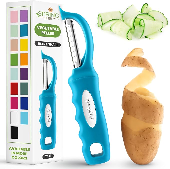 Spring Chef Swivel Vegetable Peeler for Kitchen w/Soft Grip Handle, Teal | Premium Potato Peeler w/ Ultra Sharp Stainless Steel Blades, Multifunctional Veggie Peeler for Apple, Carrot, Cucumber, Fruit