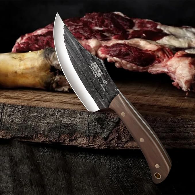 HOSHANHO Butcher Knife Set, Sharp Kitchen Knife Set & Roll Bag Gift for Men | Hand Forged 8PCS Butcher Chef Knife Set with Meat Cleaver Knife & Bone Chopper Knives & Fillet Knives for Home, Camping, BBQ