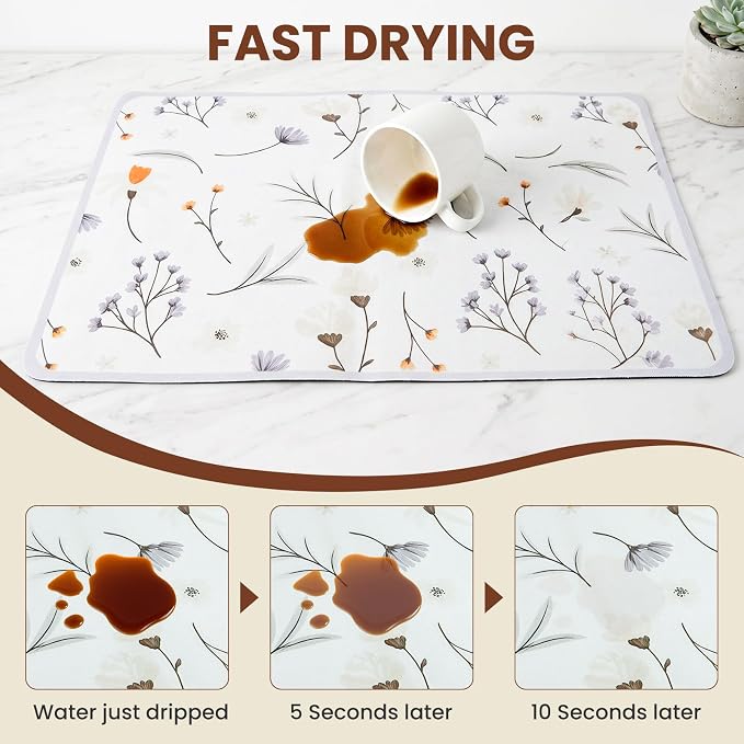 Coffee Mat Dish Drying,Non-Slip Easy Clean Sink Mat,Heat-resistant ,Fit Under Coffee Maker, Espresso Machine, Pot, Dish Rack (White petals, 16"x24")