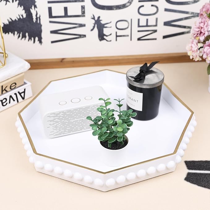 White Serving Tray for Coffee Table, Octagonal Beaded Plastic Decorative Tray for Ottoman, Kitchen Counter, Living Room, Outdoor Lacquer Tray for Entertaining