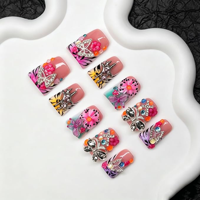 Handmade Flower Press on Nails Glossy Fake Nails with 3D Butterfly & Shiny Rhinestone Designs Full Cover Muti-Layer Gel Short Duck Acrylic Nail Leopard Pattern French Tip False Nails Art for Women（S)