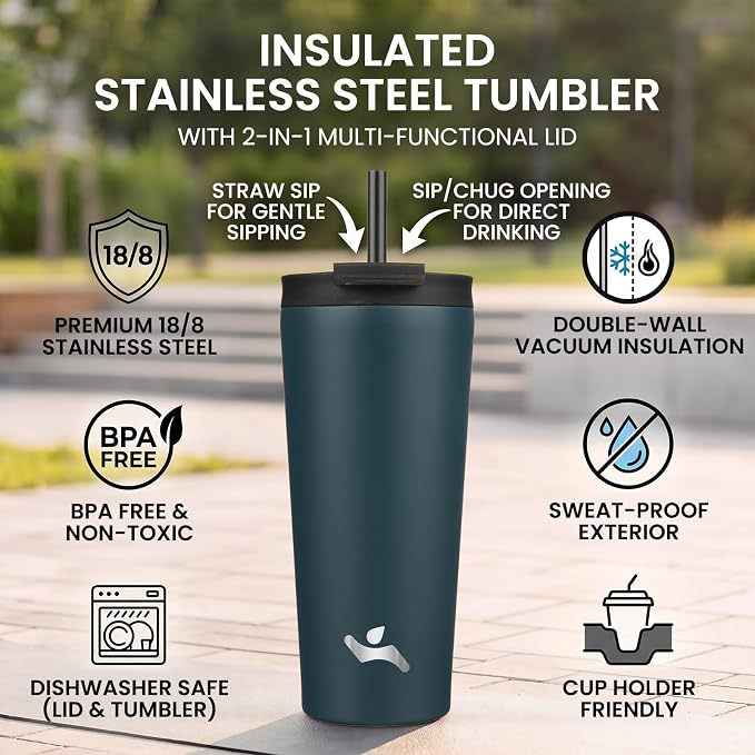 Konokyo 22 oz Insulated Tumbler Water Bottle with Straw Lid, Navy Blue | Stainless steel insulated tumbler for coffee, water and iced drinks; spill-proof lid, 2 straws, cup-holder friendly