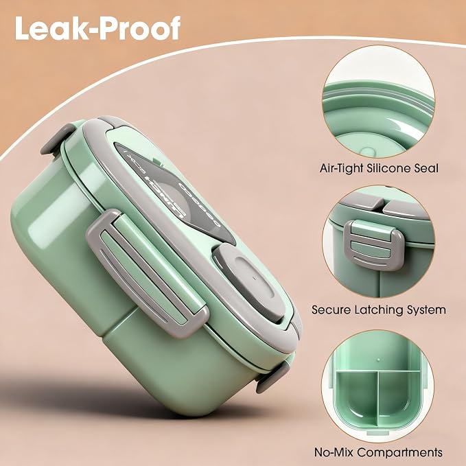 Green Lunch Box Set with Bag & Utensil, Leak Proof for Women Men Kid | 2-tier stackable container with sauce pod,Insulated bag keeps food hot or cold,Microwave & dishwasher safe,for women men