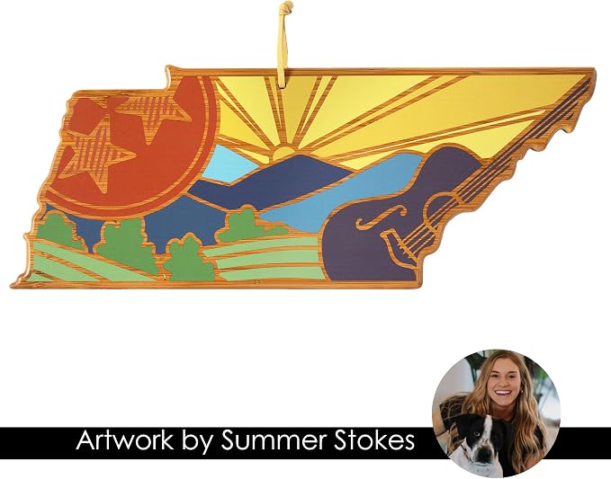 Totally Bamboo Tennessee State Shaped Cutting Board, Summer Stokes Art | State charcuterie board with colorful hand-drawn landscape art. Smooth reverse side for food prep. Hang tie for wall display.