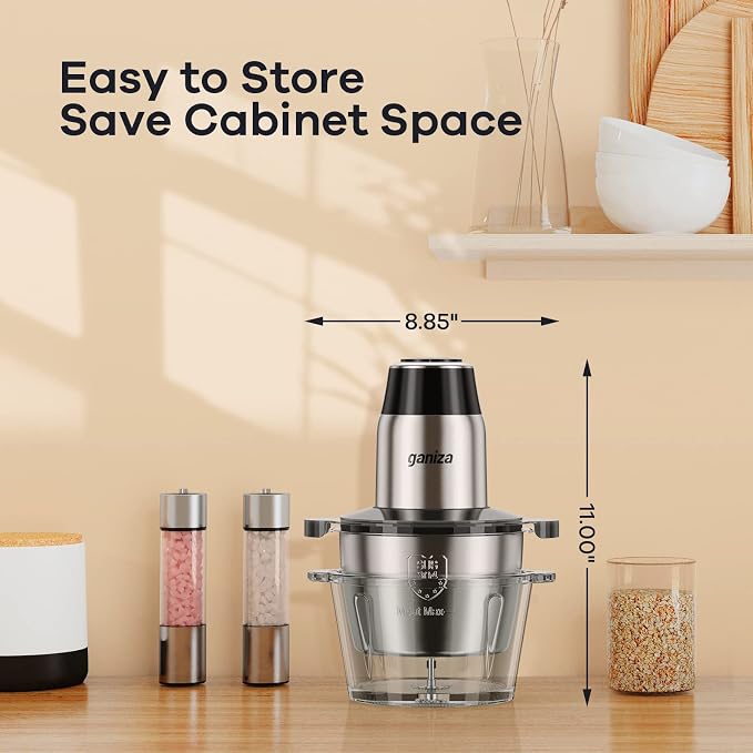 Ganiza Food Processors with 2 Bowls, 450W Meat Grinder Vegetable Chopper | 2-Speed Electric Food Chopper with 8 Cup Glass & 8 Cup Stainless Steel Bowls -Includes 2 Sets of Blades for Fruits/Meat/Nuts