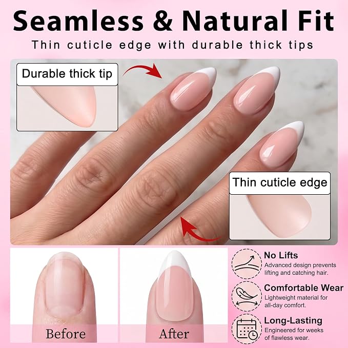 240pc Short French Tip Press on Nails Almond Fake Nails with Glue Tabs | Short Nails Press ons Almond Glue on Nails Nude Acrylic Nails Stick False Nail Artificial Fingernail for Women Girls