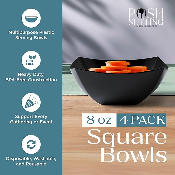 4 Pack Disposable Black Plastic Serving Bowls Square Party Candy Use 8oz | Square Design. Disposable Party Tableware. Salad, Fruit & Candy Use. Candy Buffet Containers. Black Plastic.