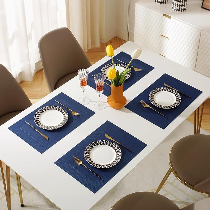Vinyl Placemats Heat-Resistant Table Mats Washable Easy Clean Plastic Placemats for Dining Table Set of 4 (Blue)