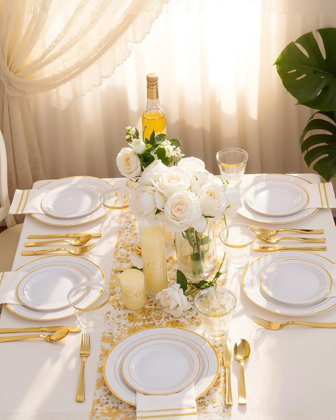 GATHER 700PCS Gold Plastic Dinnerware Set for 100 Guests for Wedding Party | White and Gold Disposable Dinnerware Sets include 200 Plate, 300 Silverware, 100 Cups, 100 Napkins for Anniversary