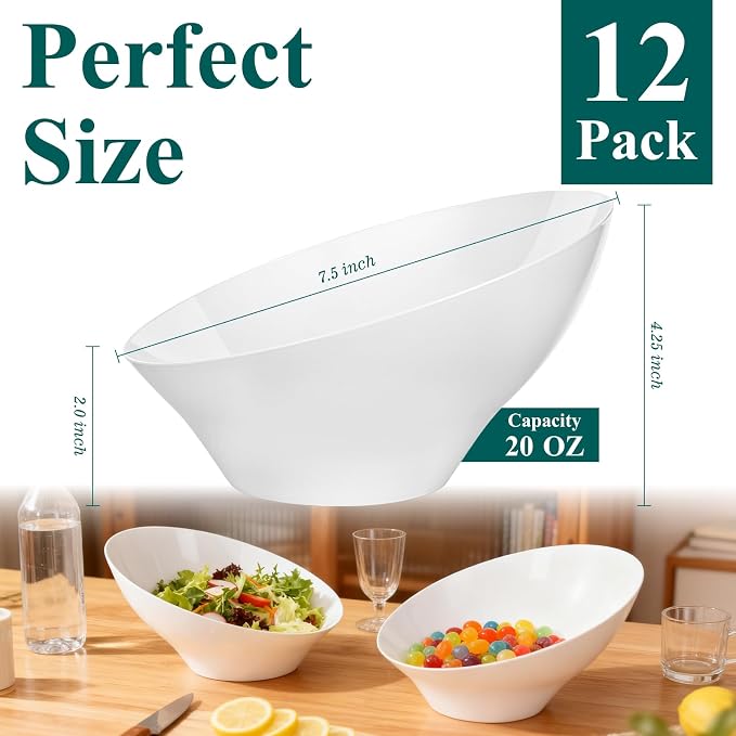 Bestluck 20 Oz White Plastic Party Bowls, 12 Pack | Disposable Snack Bowls for Chips, Candy, Salad, Snacks & Fruit, Perfect for Parties, Buffets & Everyday Use