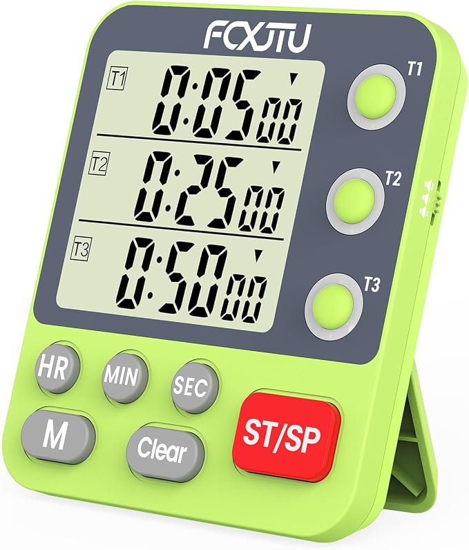 Digital Dual Kitchen Timer, Multi-Channel Magnetic Countdown for Cooking | 3Groups Triple Independent Countup Timer, Memory Presets, Loud Alarm & Mute, Large Display, 3A Battery & Stand Included