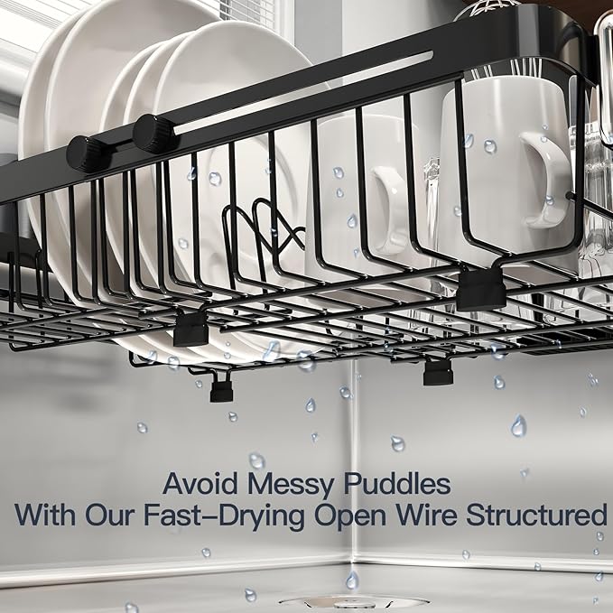 Dish Drying Rack Over The Sink with Utensil Holder, Mat | Expandable Stainless Steel Dish Drainer for Small Kitchen, Apartment, RV, Counter Space Saving, Perfect Fit, Rustproof