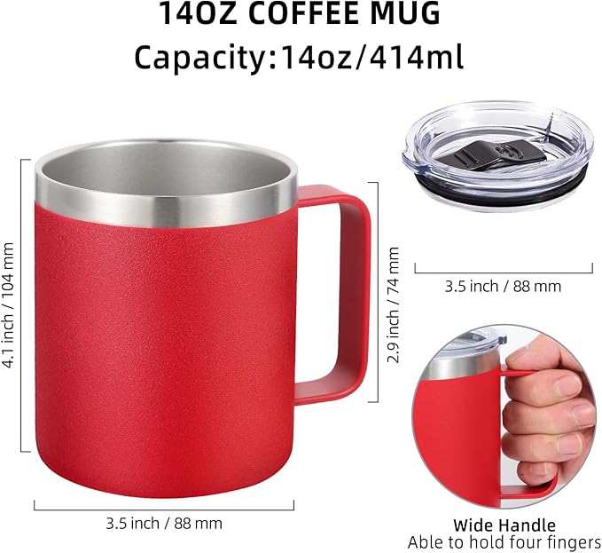 Volhoply 14oz Insulated Stainless Steel Coffee Mug with Lid Bulk 4 Pack,Double Wall Vacuum Travel Coffee Cup with Handle,Reusable Metal Cups Tumbler Cup,Camping Mugs Keep Hot,Ideal Gifts(Red,4)