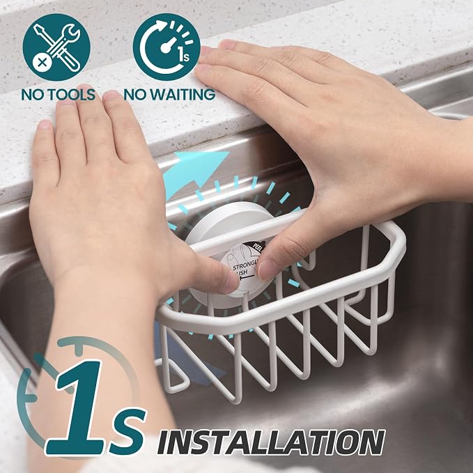 TAILI Sink Caddy with Strong Suction Cup, Sponge Holder for Sink-White | for Kitchen Sink Organizer, Removable Sponge Caddy Inside Sink, Rustproof Aluminum Holder for Sponges, Brushes, Scrubber