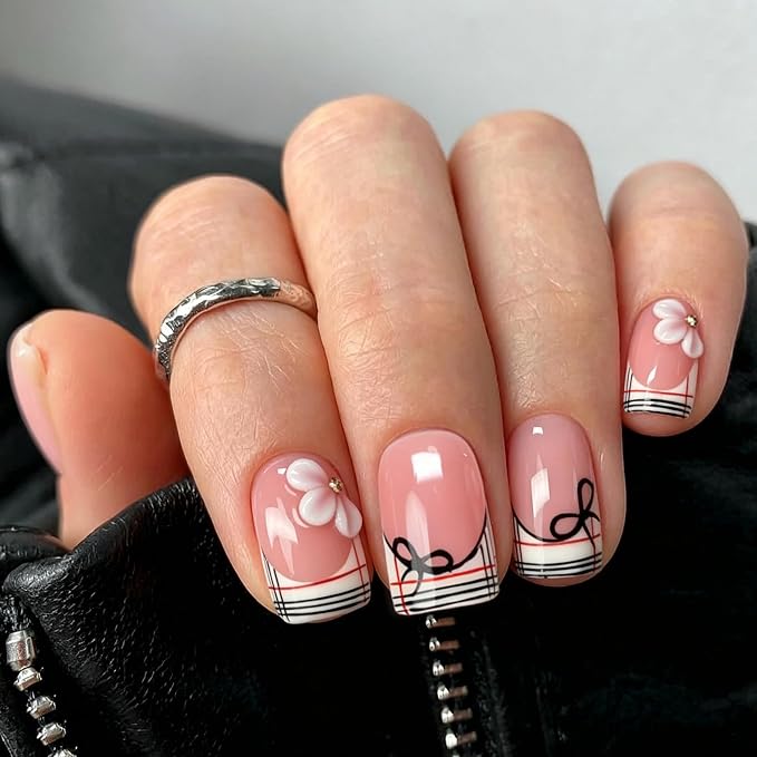 Luxury 3D Flower Short Square Press on Nails Handmade Fake Nails with Floral & Bow Art Design Stripe French Tip False Nails Muti-Layer Gel Handmade Thicked Acrylic Stick on Nail for Women (S)