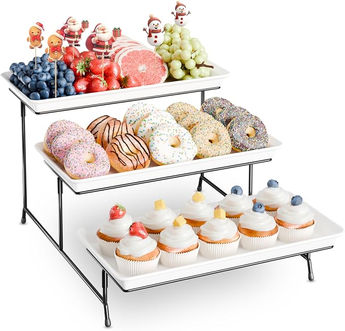Bumusty 3-Tier Melamine Serving Tray Set, 14 x 7 in, Black Stand | Melamine Reusable Platters with Metal Display Stand for Cupcakes, Desserts, Fruit, Cookies, Parties, Birthdays and Holidays