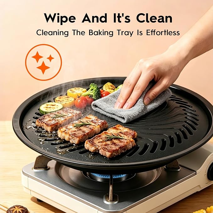 Korean BBQ Grill Pan, Nonstick 13.5" Round Indoor Grill Pan Smokeless Cast Aluminum Includes Food Tongs & Grill Plate Handle, Outdoor Camping Grilling, Picnic Cooking