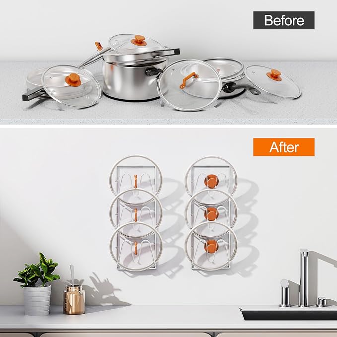 Durmmur 2 Pack Pot Lid Organizer, 6-Tier Lid Holder for Cabinet Door & Wall | Rustproof Metal Lid Organizer with No-Drill Adhesive Mounting for Pot and Pan Lids, Space-Saving Kitchen Storage, White