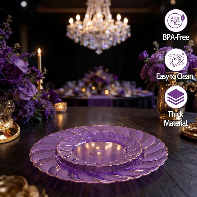 YOUBET 125PCS Clear Purple Plastic Plates with Gold Rim for Wedding | Clear Purple Disposable Plates Include 25 Dinner Plates 25 Dessert Plates 75 Gold Silverwares for Birthday Parties