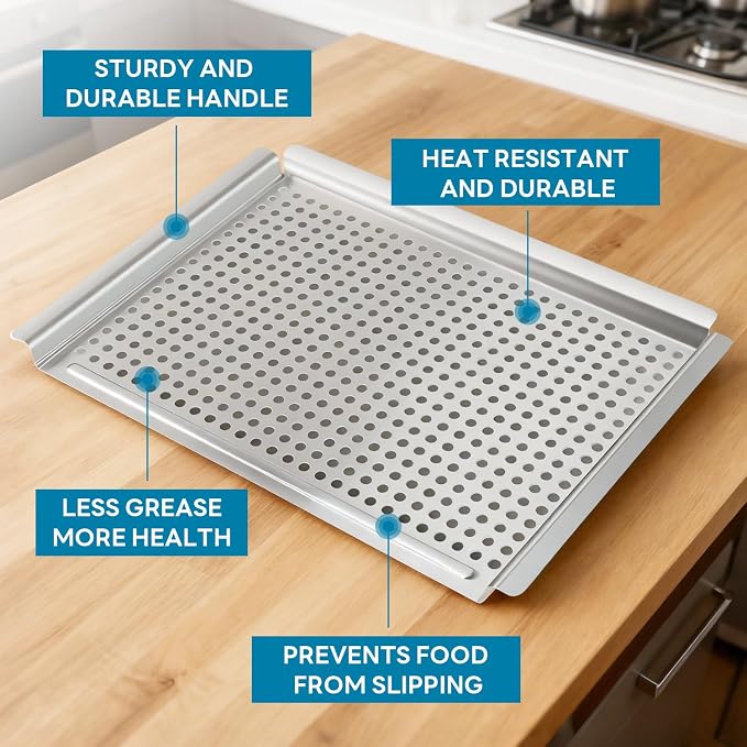 Grill pan, Grill topper for outdoor grill with hole, 17.7 * 12.6 Cooking Surface, Stainless steel grill pan for Gas Grill,camping or party (larger)