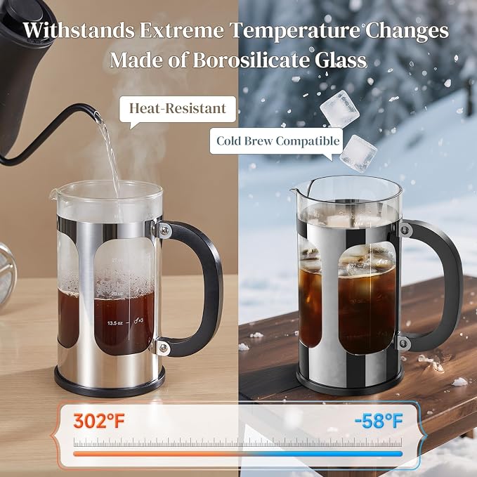 Veken French Press Coffee Maker,No Plastic Touching Cafe,34oz 1L Cafetera | Heat Resistant Thickened Borosilicate Glass Stainless Steel Brewer,Pot for Kitchen,Travel,Camping,Tea,Gifts,Silver