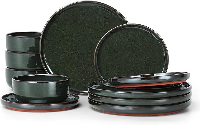 E-far Stoneware Dinnerware Sets for 4, 12 Pieces Reactive Glaze Plates and Bowls Sets, Elegant Dishes with Rustic Terracotta Base, Dishwasher & Microwave Safe, Scratch Resistant, Blackish Green