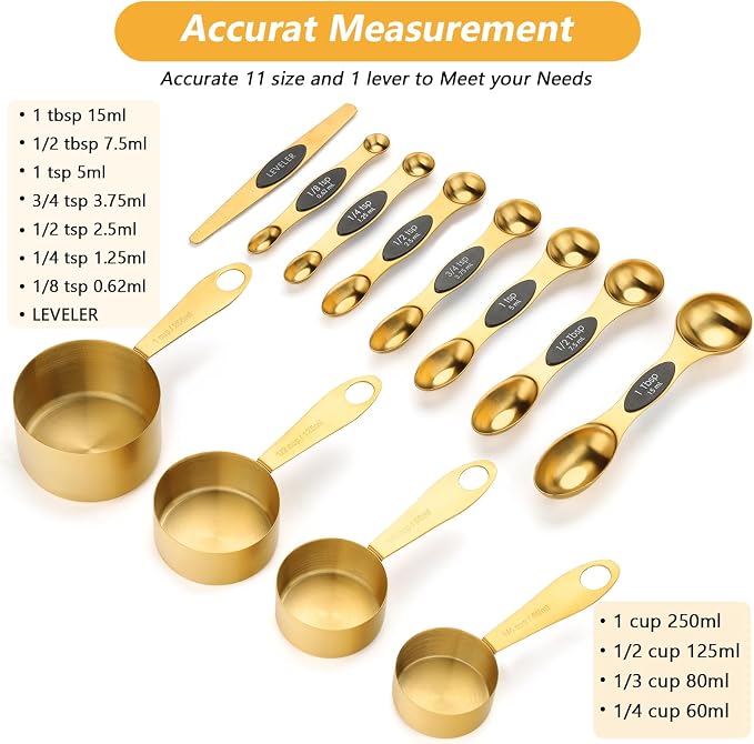 GuDoQi Gold Magnetic Measuring Spoons and Cups Set of 12, 8 Dual Sided Magnetic Measuring Spoons set with Leveler, 4 Measuring Cups, Premium Stainless Steel, Measuring for Liquid and Dry Ingredients