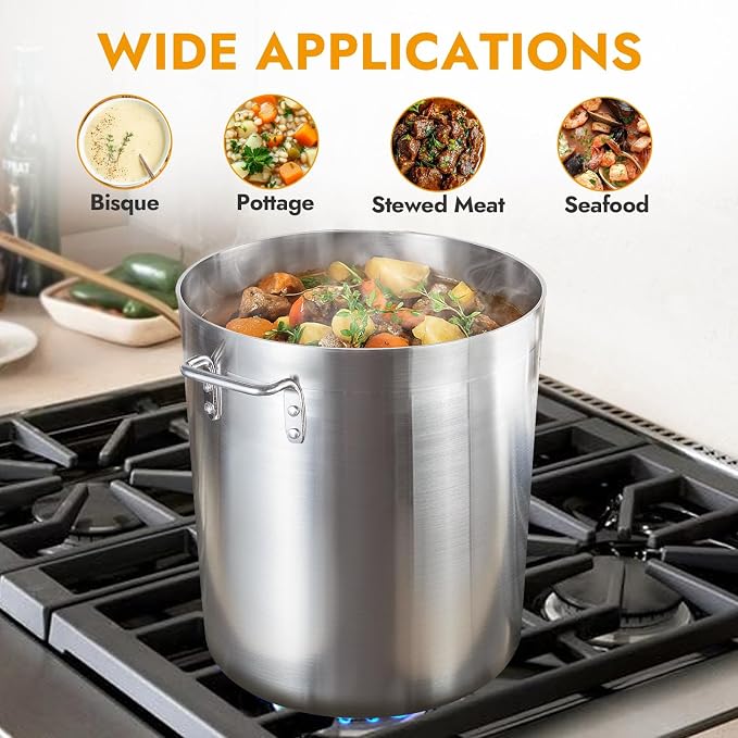 CURTA 60 Quarts Aluminum Stock Pot with Lid, Heavy Duty Commercial Grade Large Capacity Cooking Pot for Boiling, Stewing, Great for Kitchen, Restaurant, Catering, and Home Use, NSF Certified